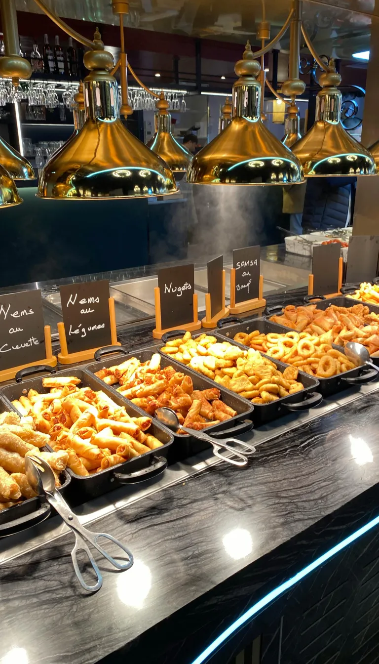top shot of fries and burger