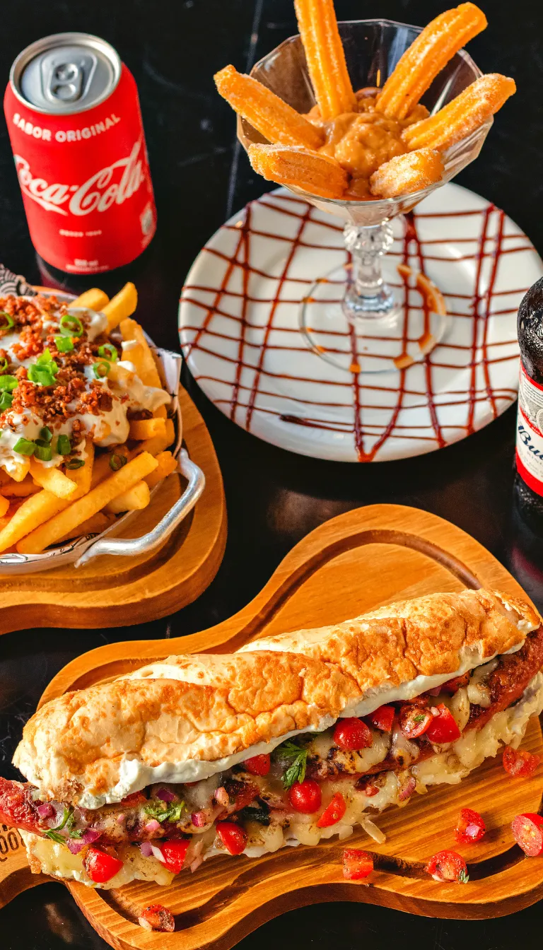 top shot of fries and burger
